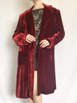 1990s Red Velvet Dressing Robe Duster Jacket (L)