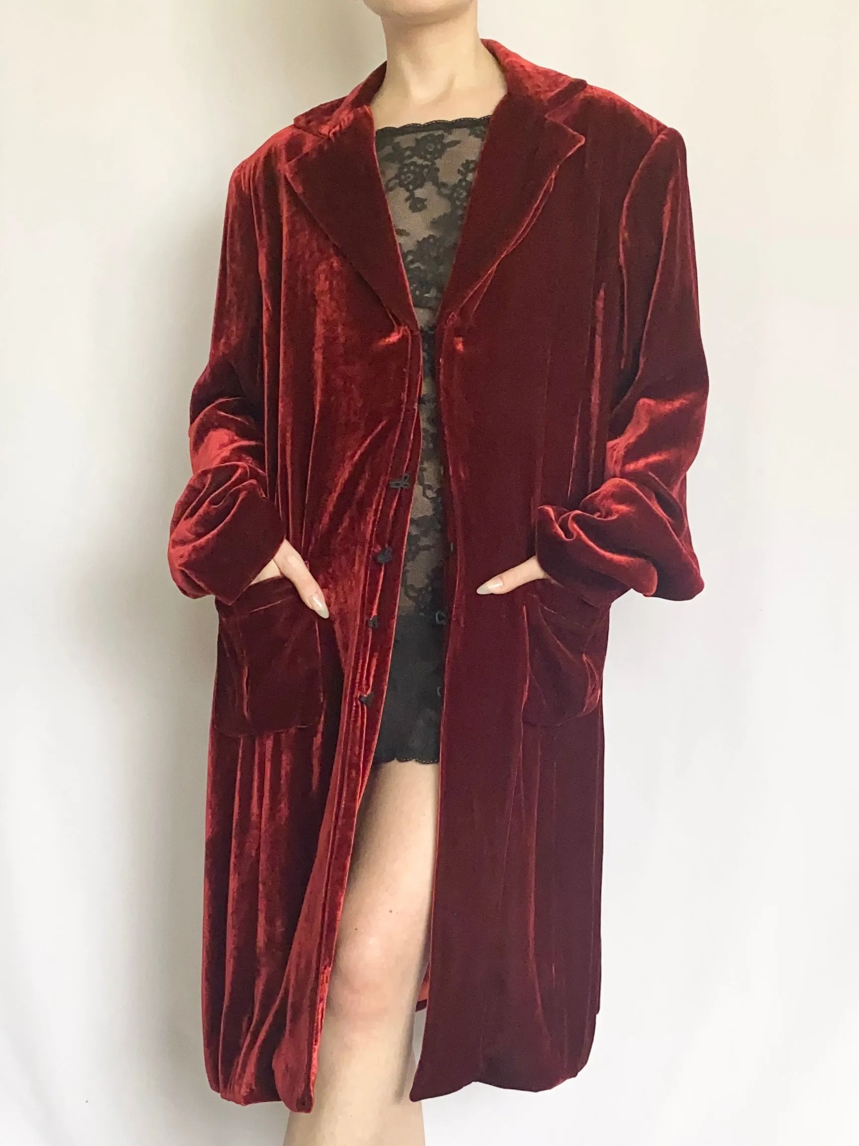 1990s Red Velvet Dressing Robe Duster Jacket (L)