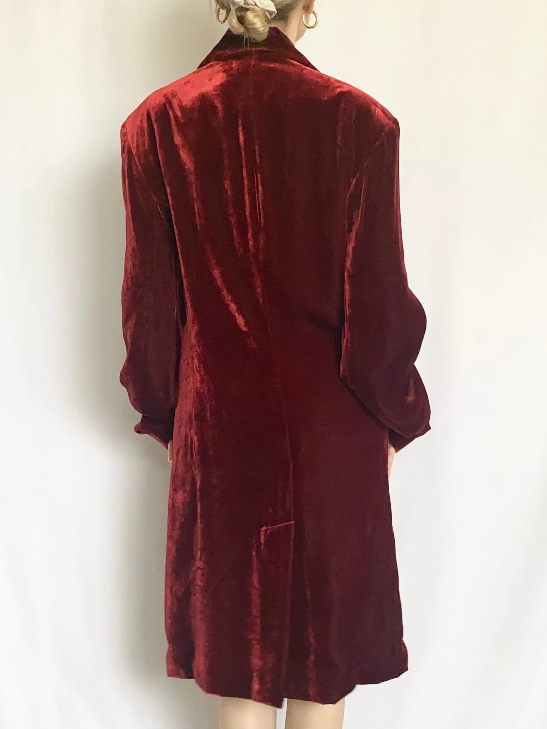 1990s Red Velvet Dressing Robe Duster Jacket (L)