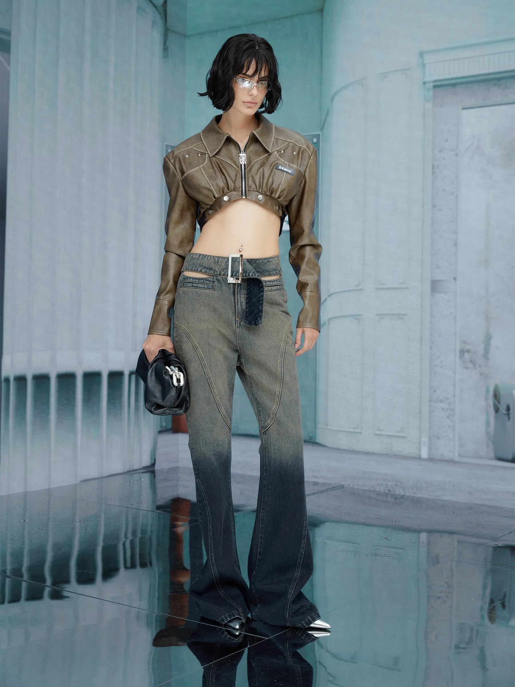 2way Leather Mix Nichi Cool Cropped Tops