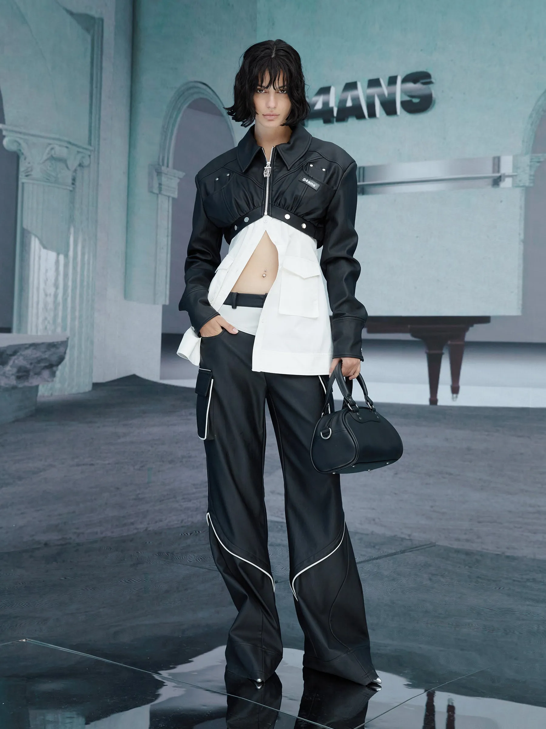 2way Leather Mix Nichi Cool Cropped Tops