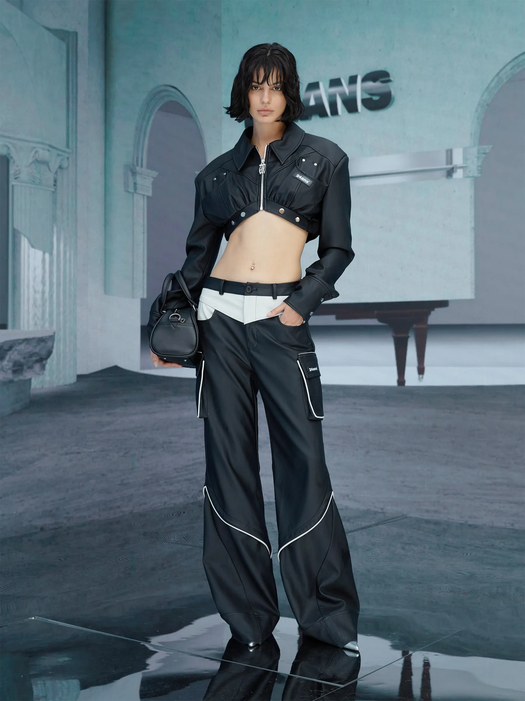 2way Leather Mix Nichi Cool Cropped Tops