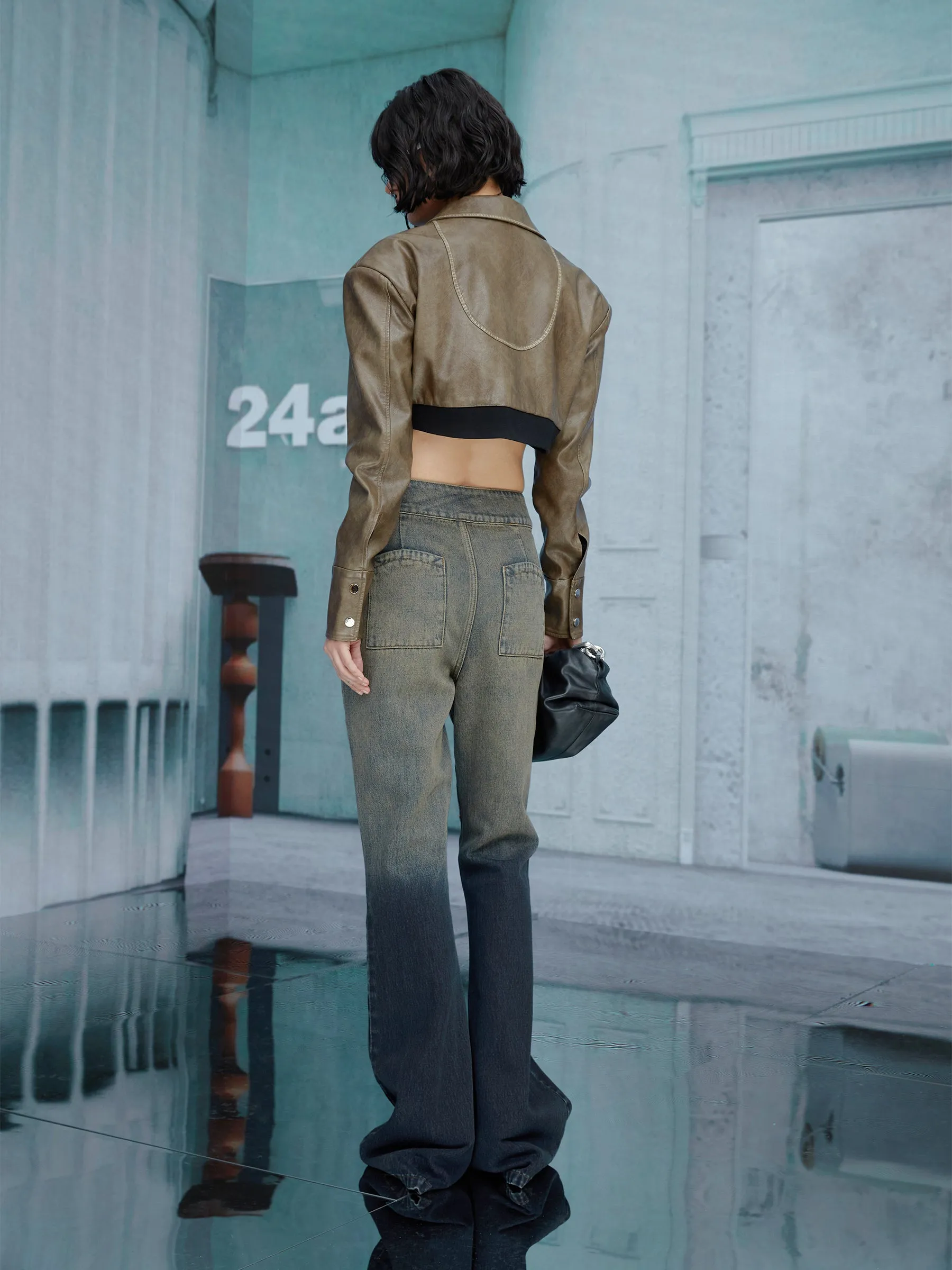 2way Leather Mix Nichi Cool Cropped Tops