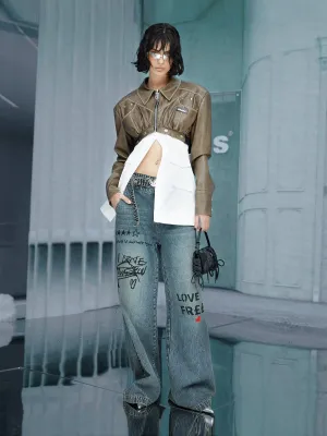 2way Leather Mix Nichi Cool Cropped Tops