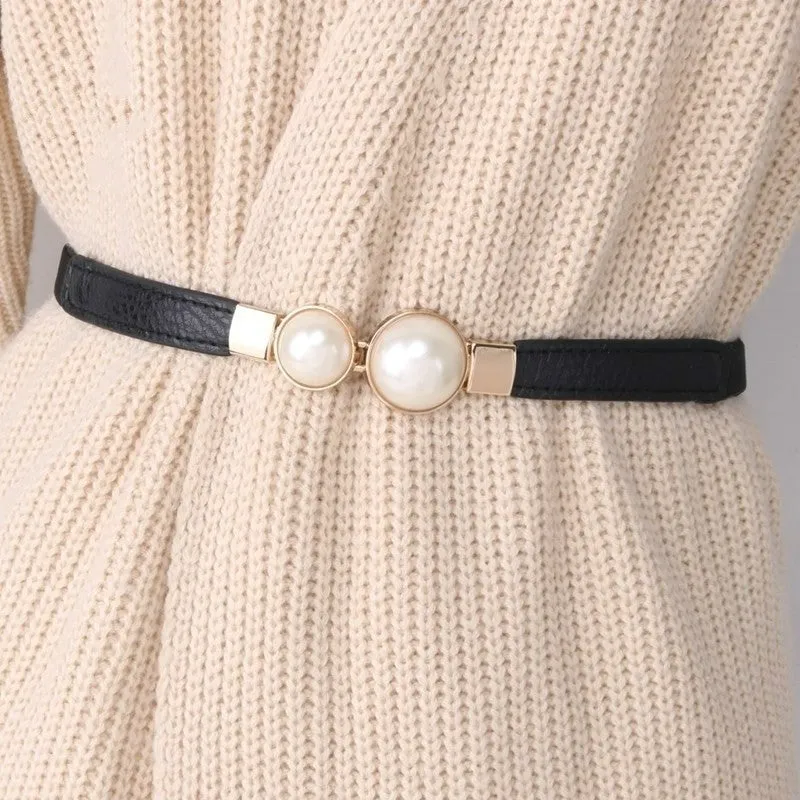 (62cm) Elastic waist belt accessory with pearl buckle - Black / Gold