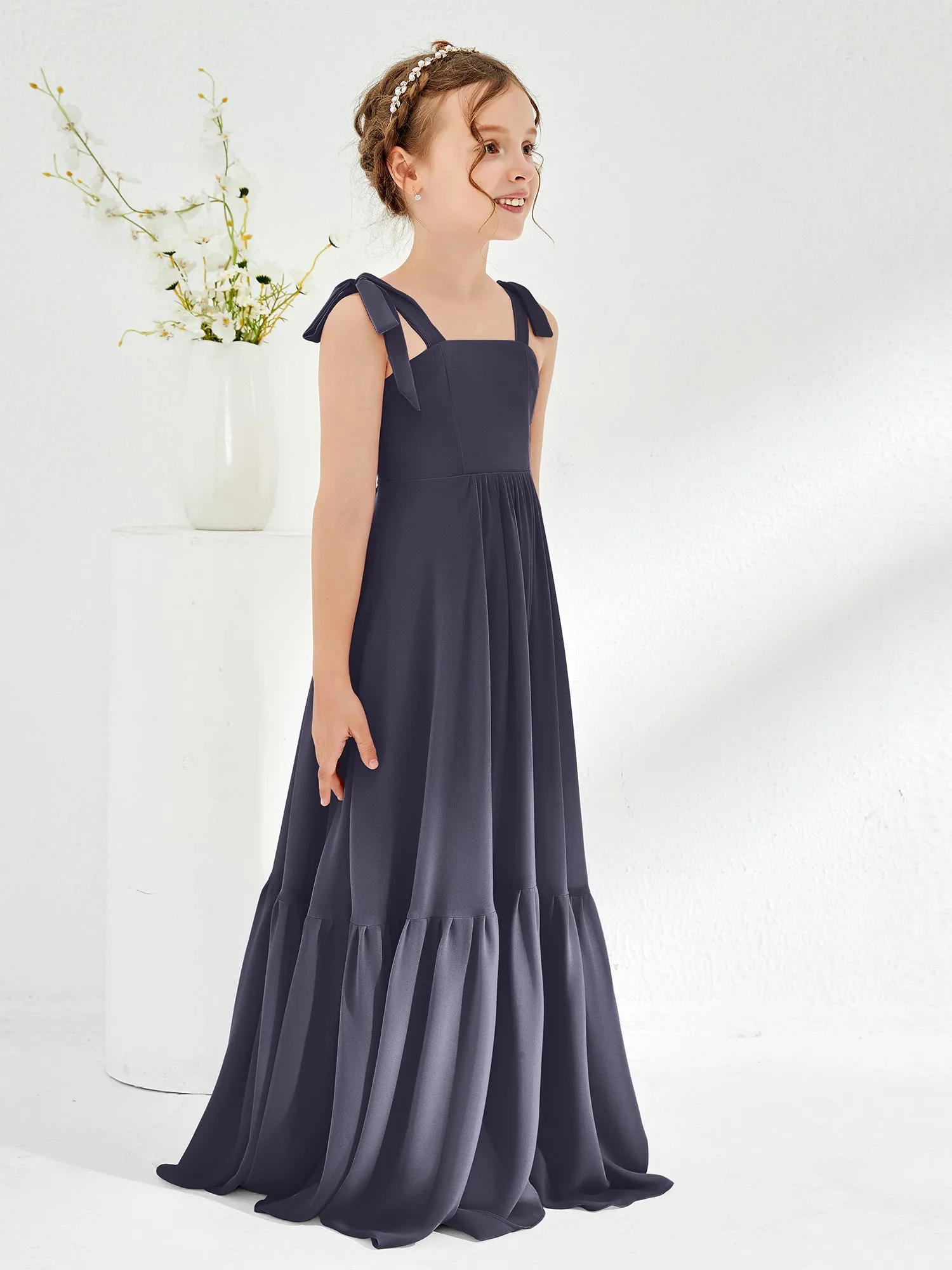 A-Line Bow Ruffle Junior Bridesmaid Dresses Stormy