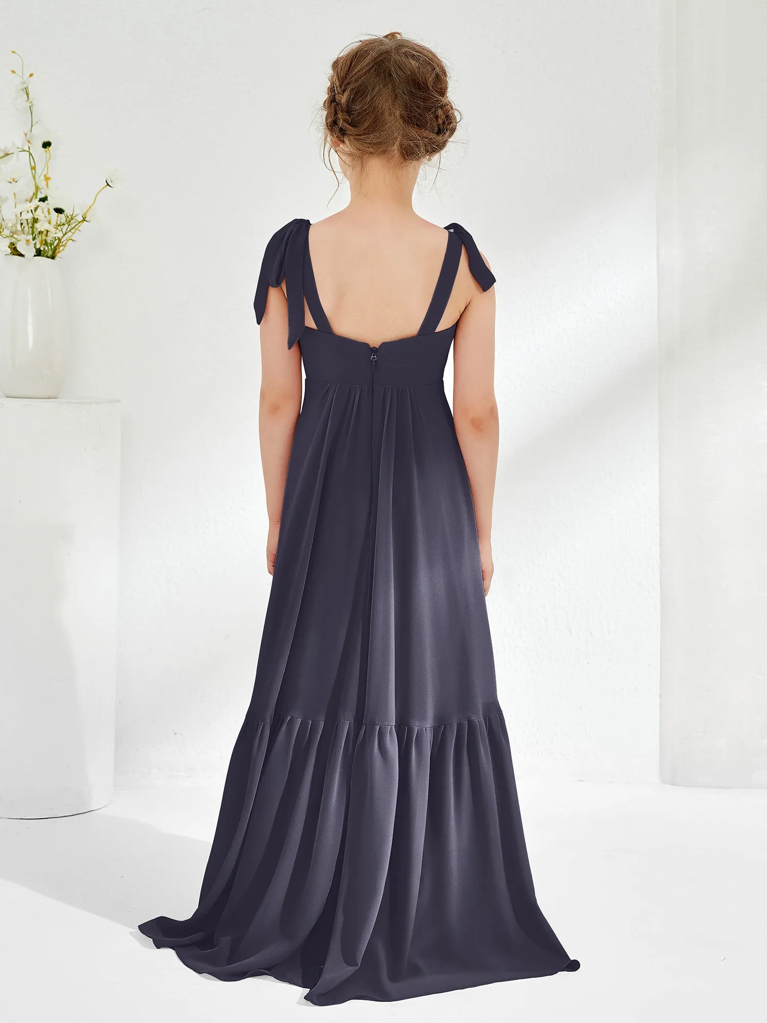 A-Line Bow Ruffle Junior Bridesmaid Dresses Stormy