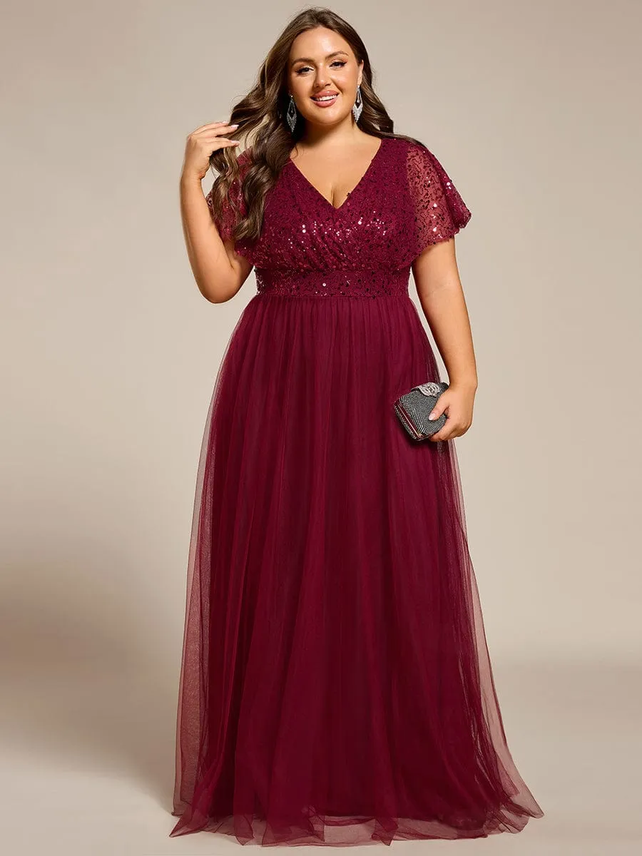 A-Line Short Sleeve Tulle Evening Dress with Sequin Embellishments