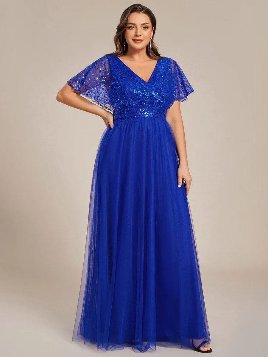 A-Line Short Sleeve Tulle Evening Dress with Sequin Embellishments