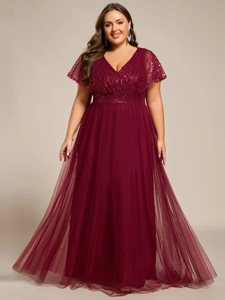 A-Line Short Sleeve Tulle Evening Dress with Sequin Embellishments