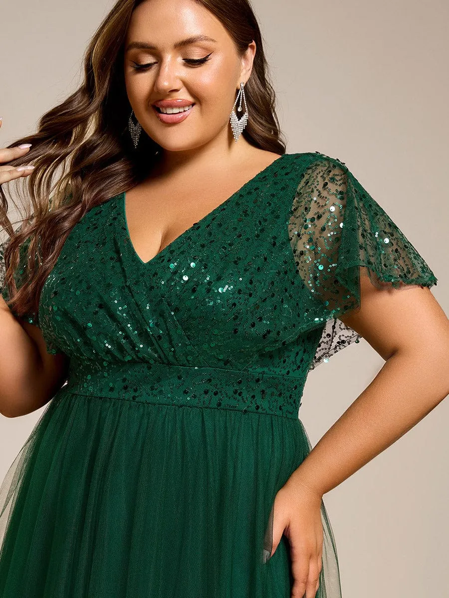 A-Line Short Sleeve Tulle Evening Dress with Sequin Embellishments