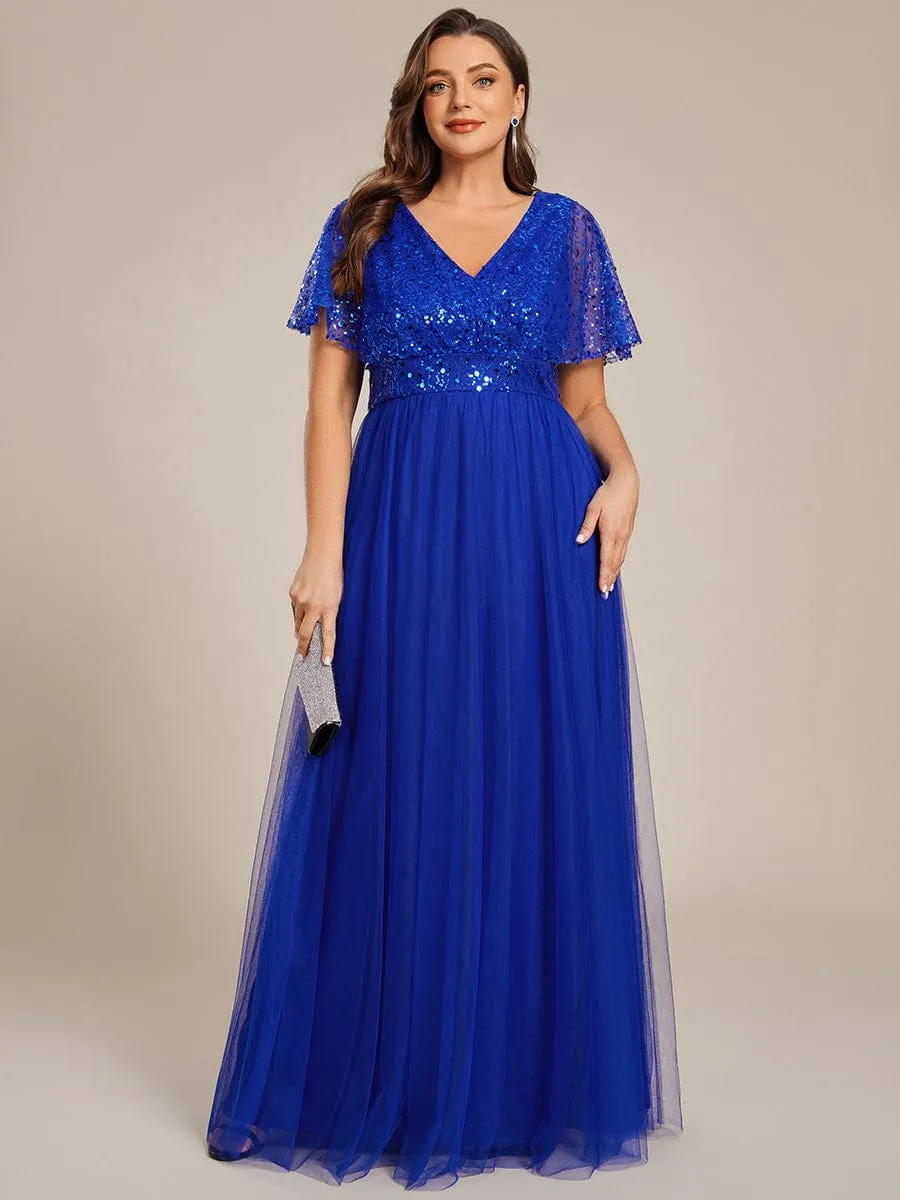 A-Line Short Sleeve Tulle Evening Dress with Sequin Embellishments