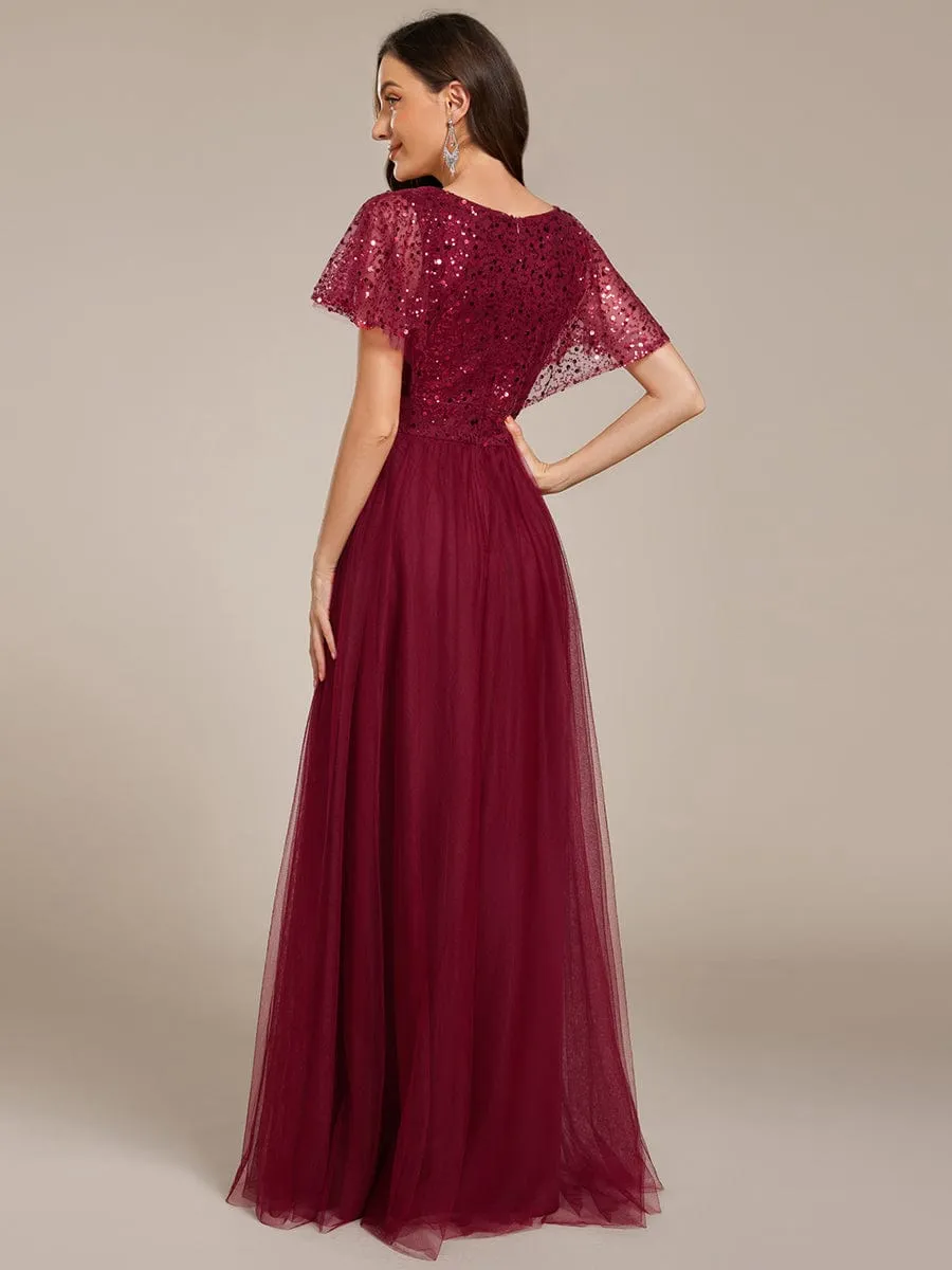 A-Line Short Sleeve Tulle Evening Dress with Sequin Embellishments