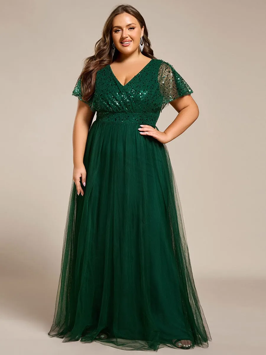 A-Line Short Sleeve Tulle Evening Dress with Sequin Embellishments