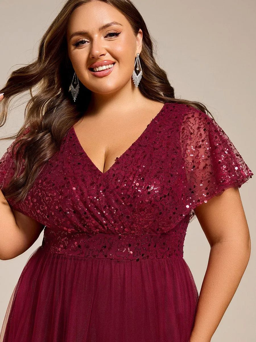 A-Line Short Sleeve Tulle Evening Dress with Sequin Embellishments