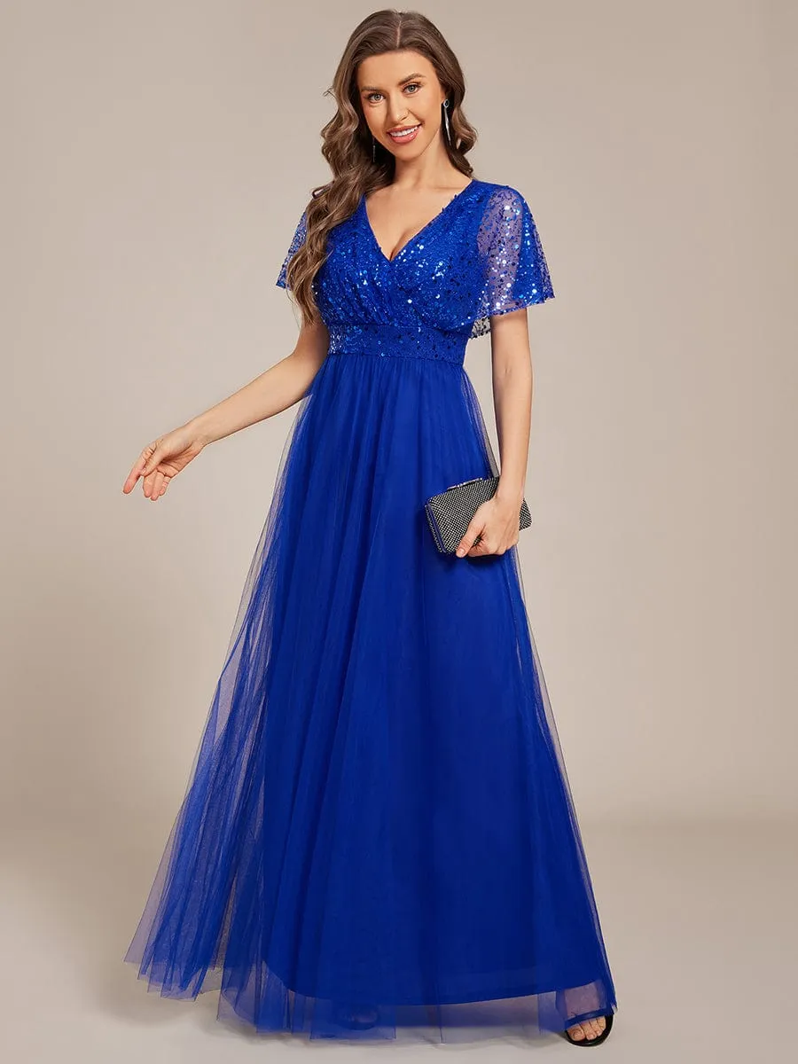 A-Line Short Sleeve Tulle Evening Dress with Sequin Embellishments
