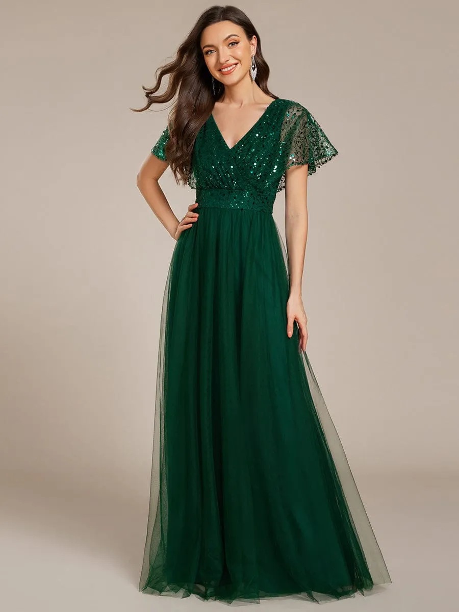 A-Line Short Sleeve Tulle Evening Dress with Sequin Embellishments