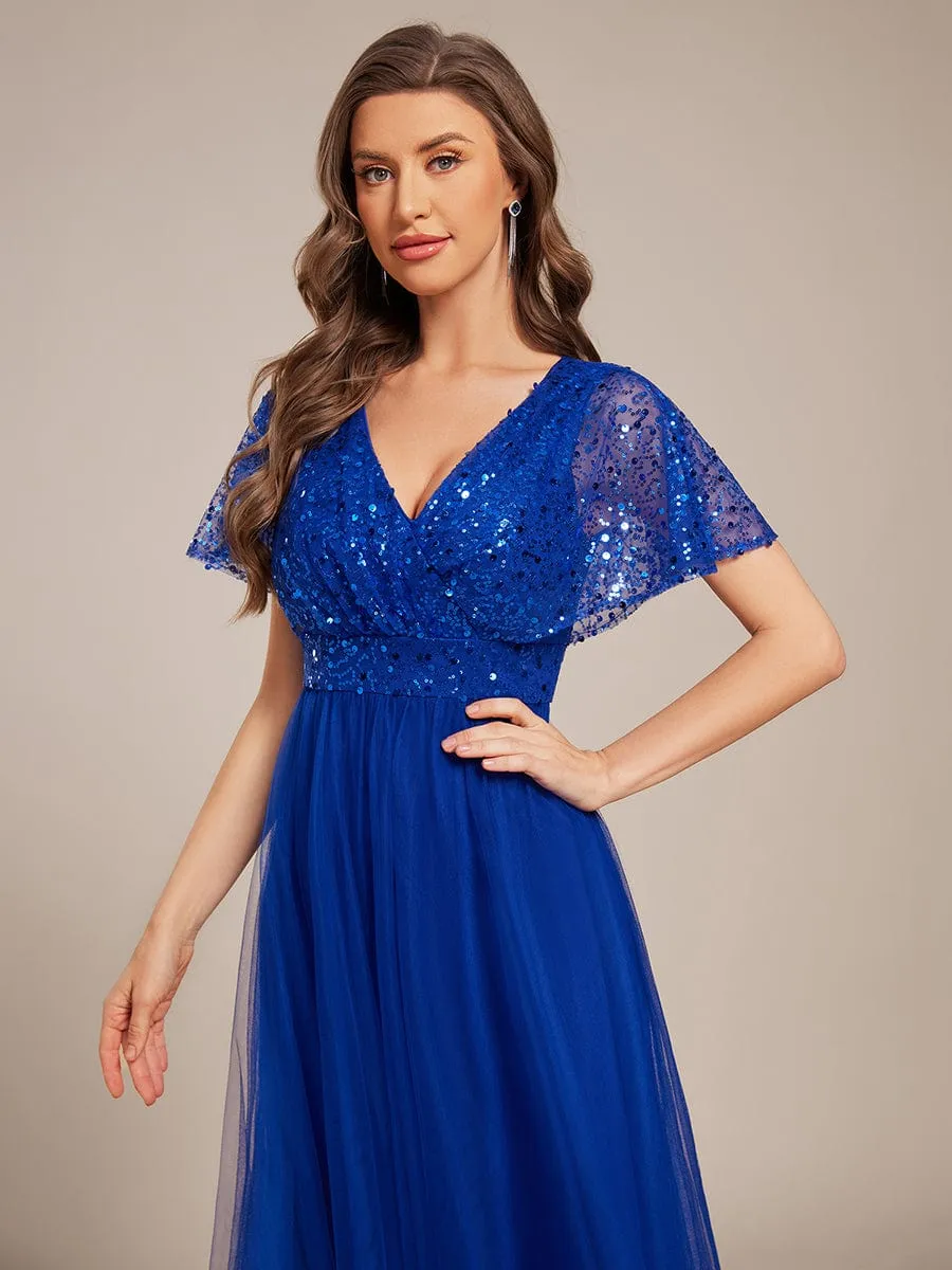 A-Line Short Sleeve Tulle Evening Dress with Sequin Embellishments