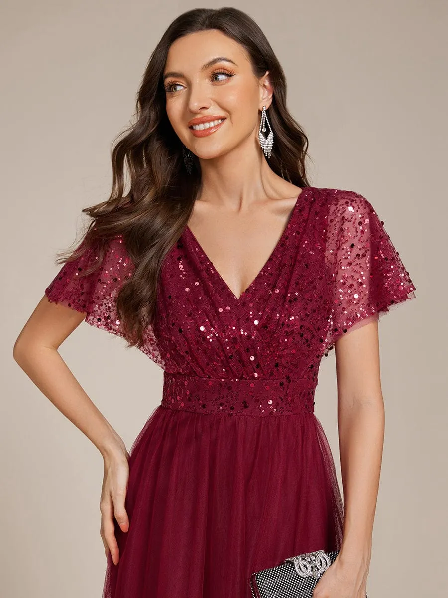 A-Line Short Sleeve Tulle Evening Dress with Sequin Embellishments