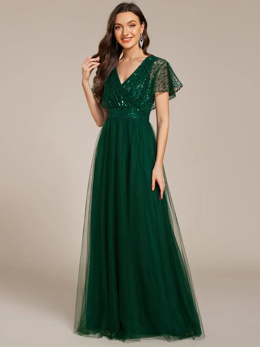 A-Line Short Sleeve Tulle Evening Dress with Sequin Embellishments