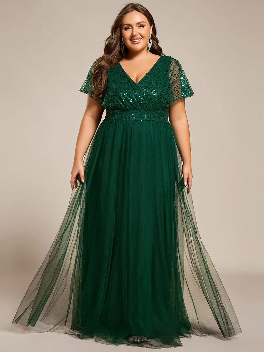 A-Line Short Sleeve Tulle Evening Dress with Sequin Embellishments