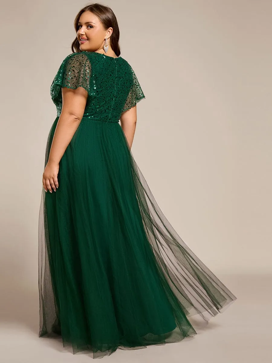 A-Line Short Sleeve Tulle Evening Dress with Sequin Embellishments