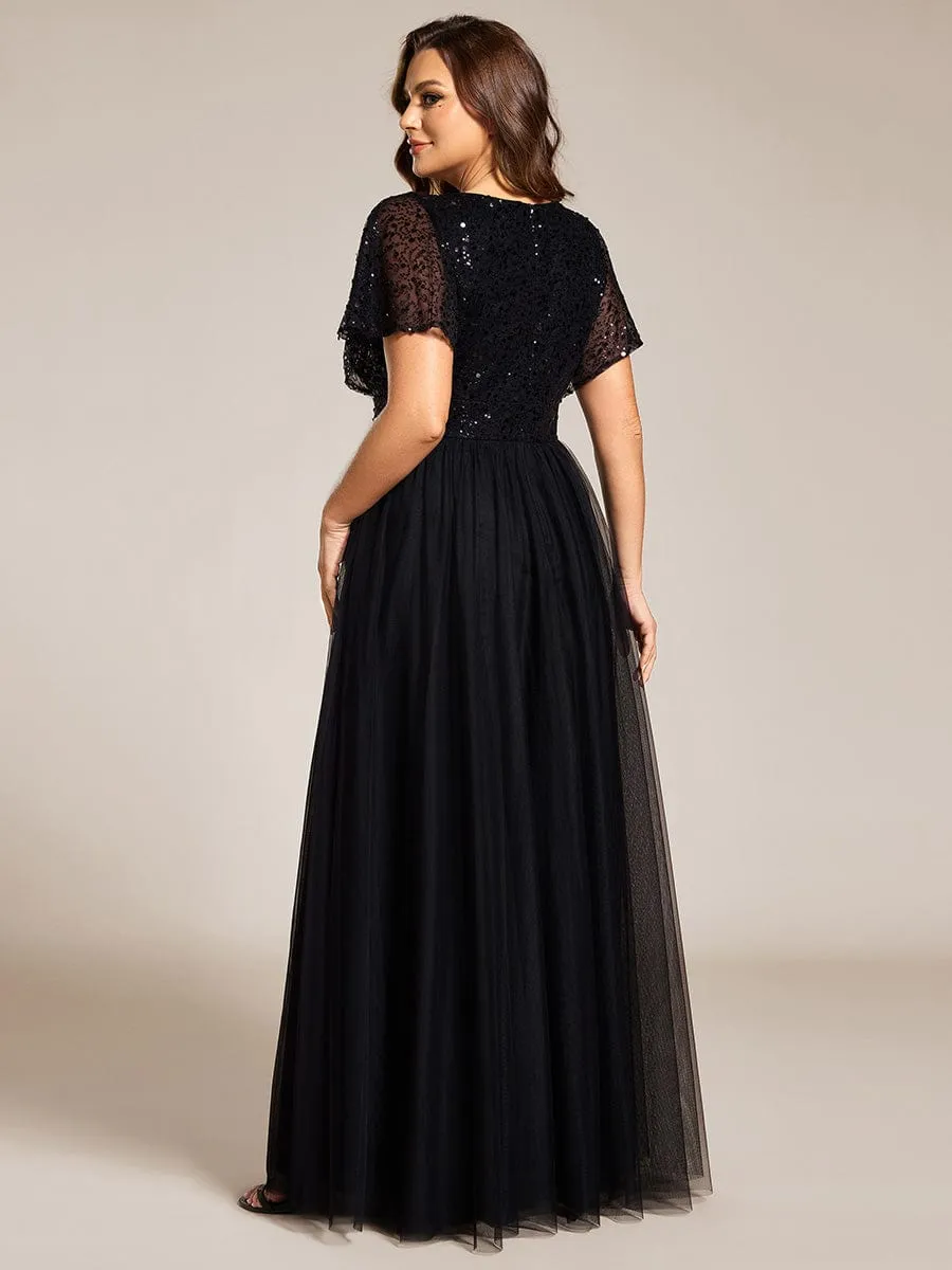 A-Line Short Sleeve Tulle Evening Dress with Sequin Embellishments