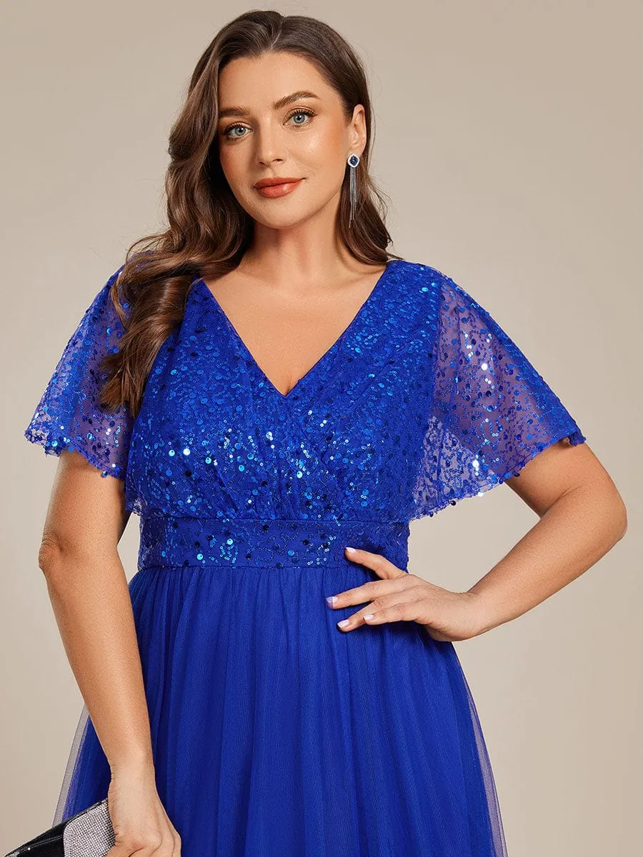 A-Line Short Sleeve Tulle Evening Dress with Sequin Embellishments