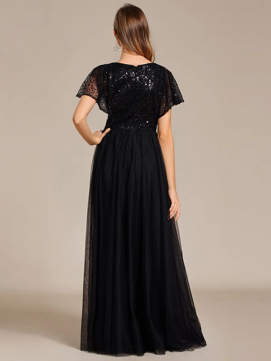 A-Line Short Sleeve Tulle Evening Dress with Sequin Embellishments