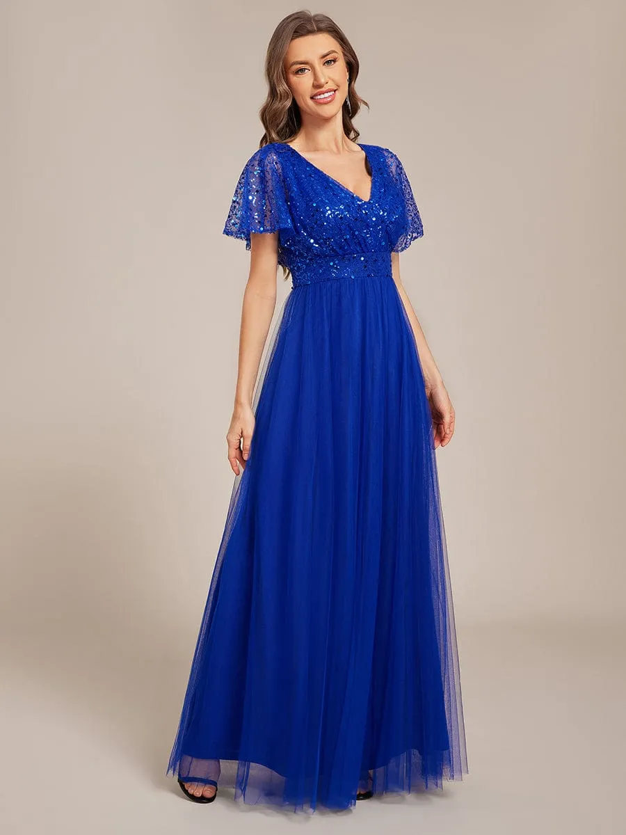 A-Line Short Sleeve Tulle Evening Dress with Sequin Embellishments