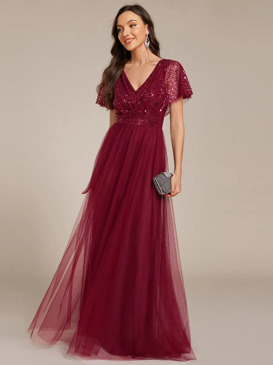A-Line Short Sleeve Tulle Evening Dress with Sequin Embellishments