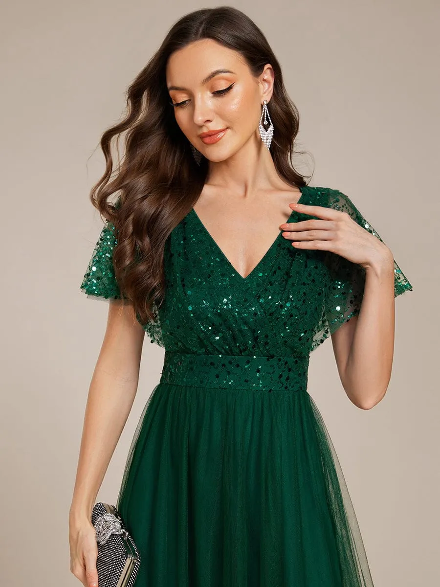 A-Line Short Sleeve Tulle Evening Dress with Sequin Embellishments