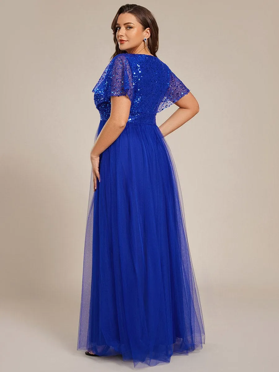 A-Line Short Sleeve Tulle Evening Dress with Sequin Embellishments