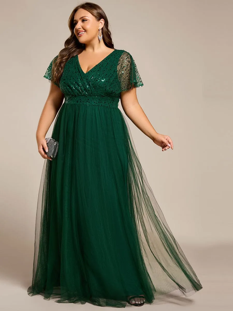 A-Line Short Sleeve Tulle Evening Dress with Sequin Embellishments