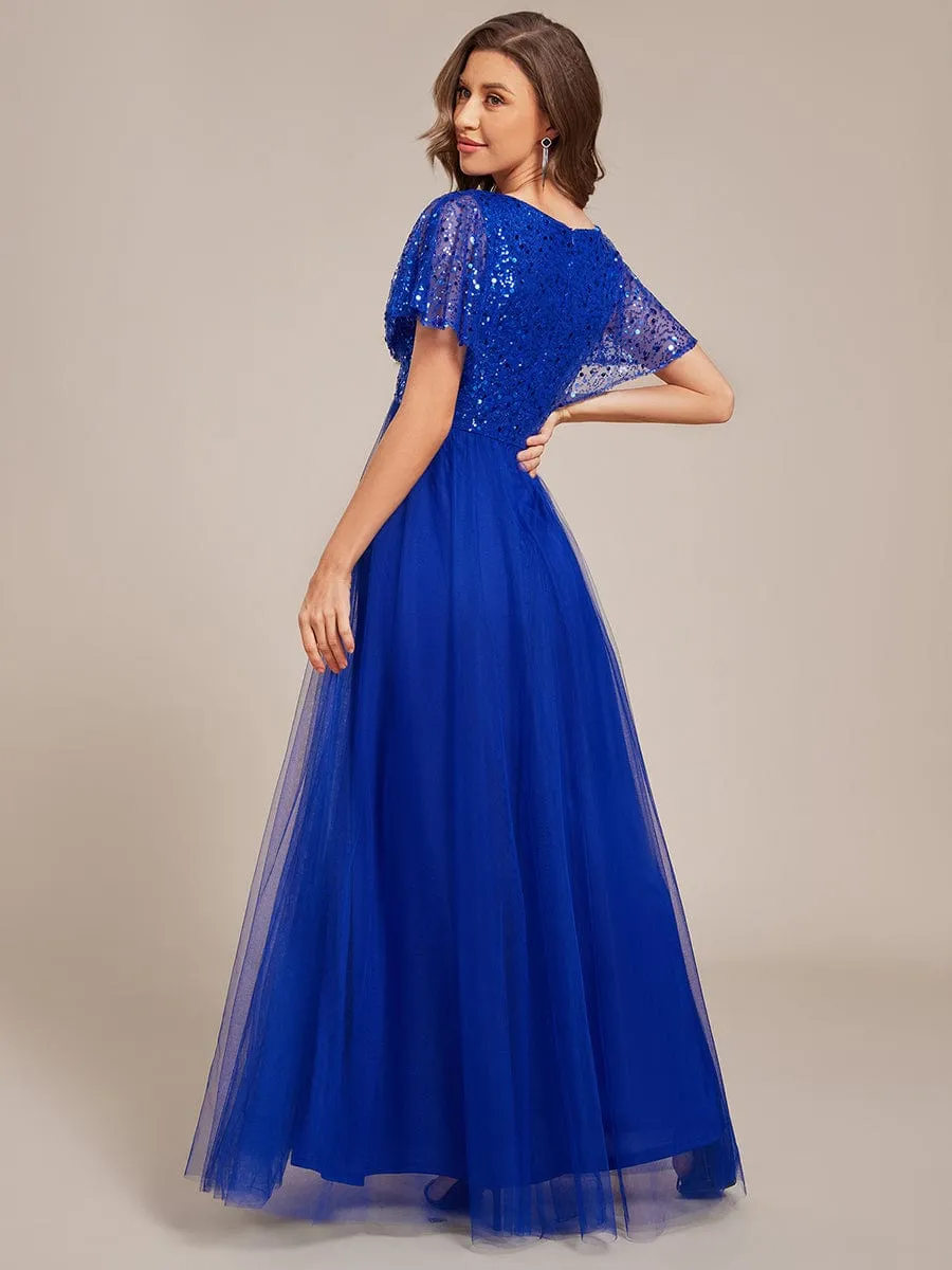 A-Line Short Sleeve Tulle Evening Dress with Sequin Embellishments