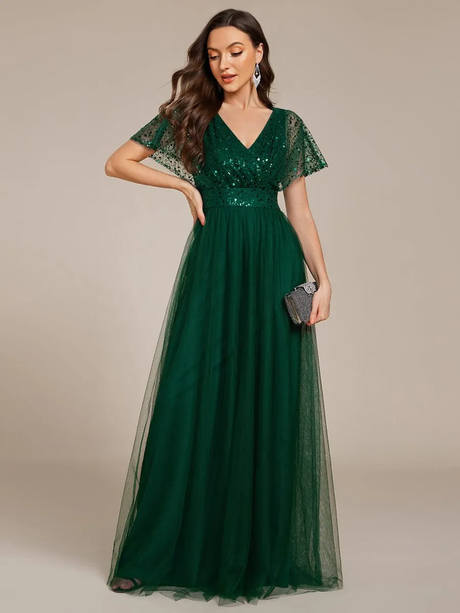 A-Line Short Sleeve Tulle Evening Dress with Sequin Embellishments