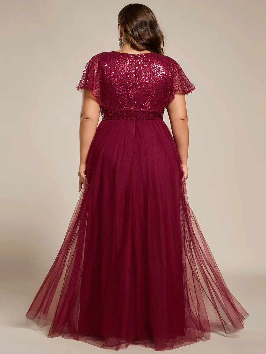 A-Line Short Sleeve Tulle Evening Dress with Sequin Embellishments
