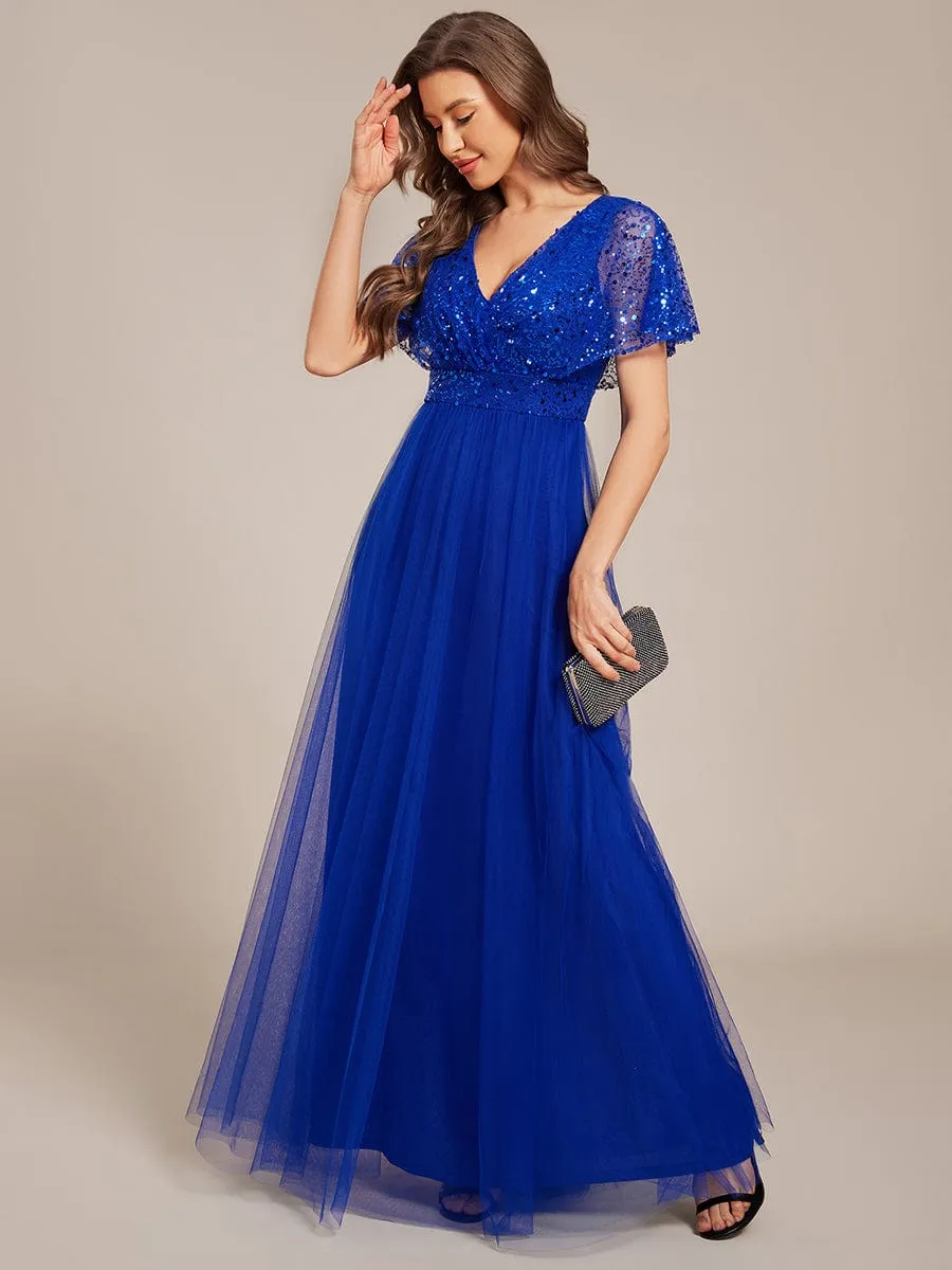 A-Line Short Sleeve Tulle Evening Dress with Sequin Embellishments