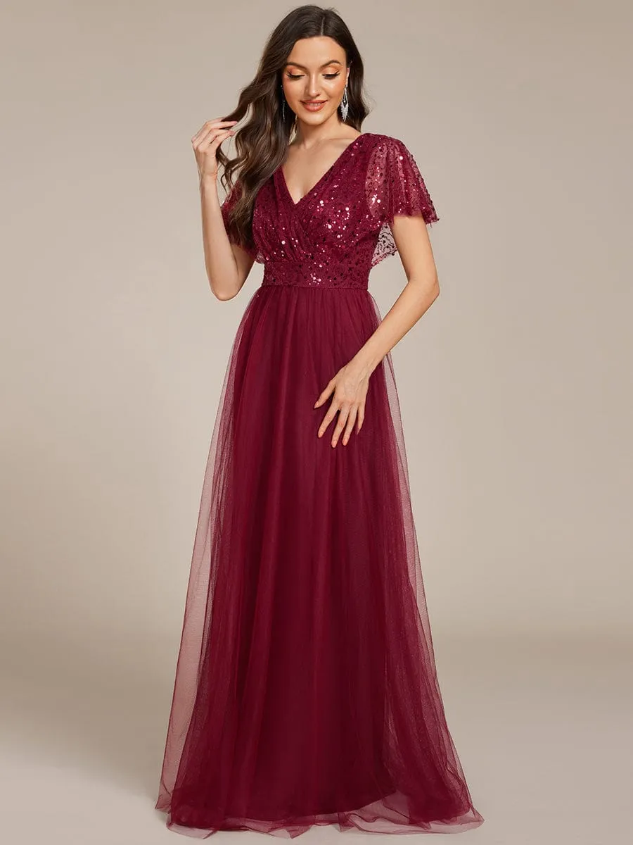 A-Line Short Sleeve Tulle Evening Dress with Sequin Embellishments