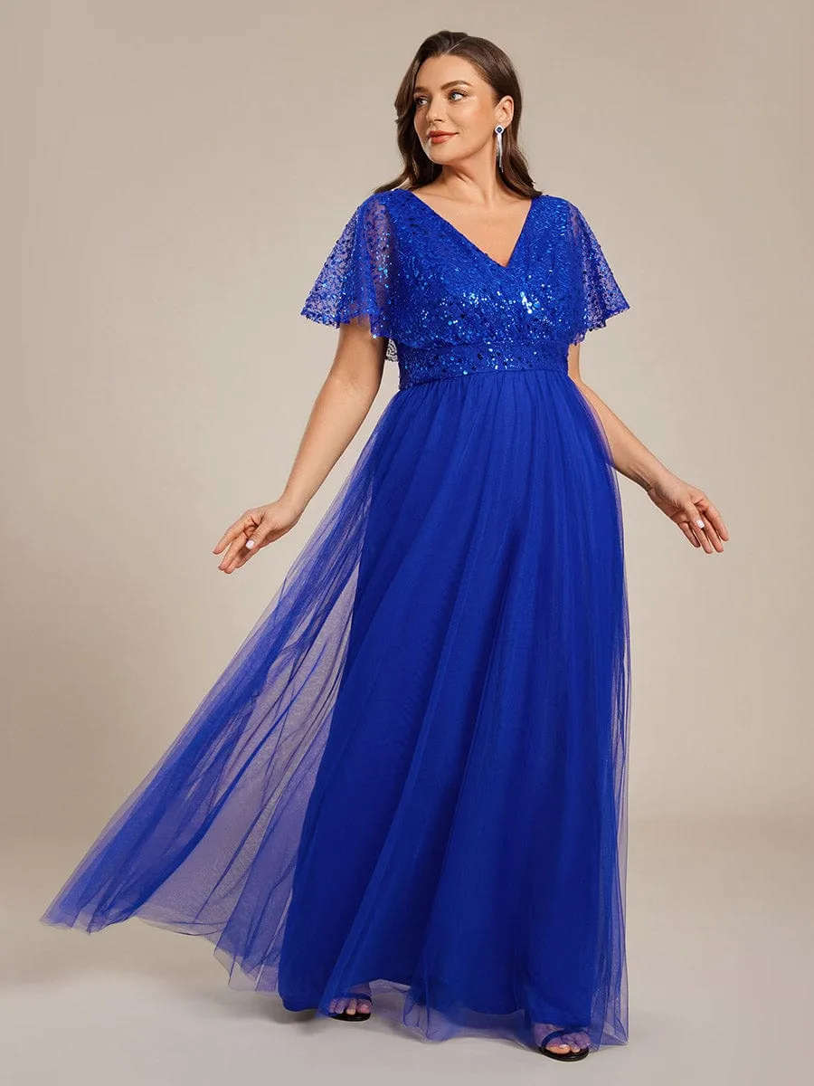 A-Line Short Sleeve Tulle Evening Dress with Sequin Embellishments
