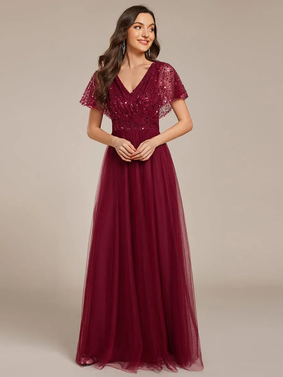 A-Line Short Sleeve Tulle Evening Dress with Sequin Embellishments