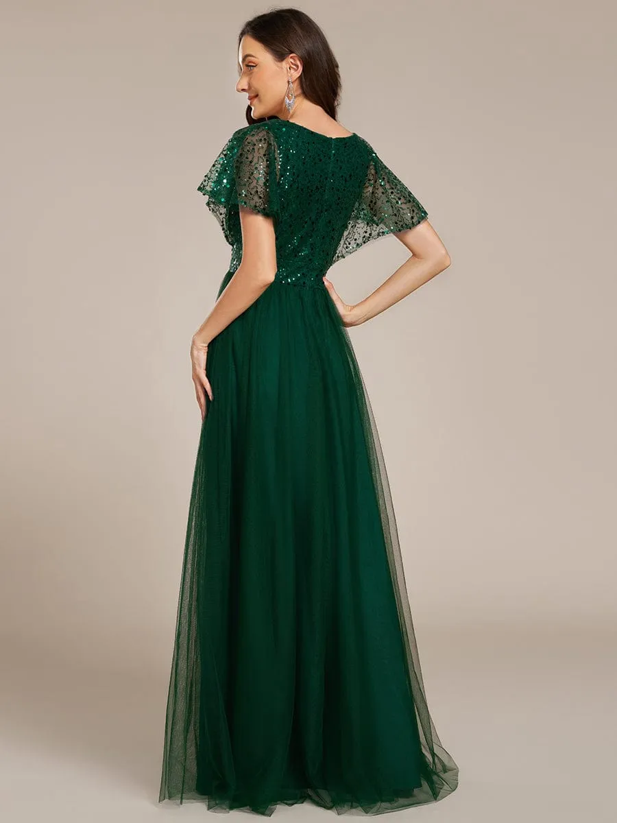 A-Line Short Sleeve Tulle Evening Dress with Sequin Embellishments