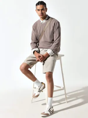 Ascot Beige Solid Mid Rise Cotton Blend Relaxed Fit Shorts