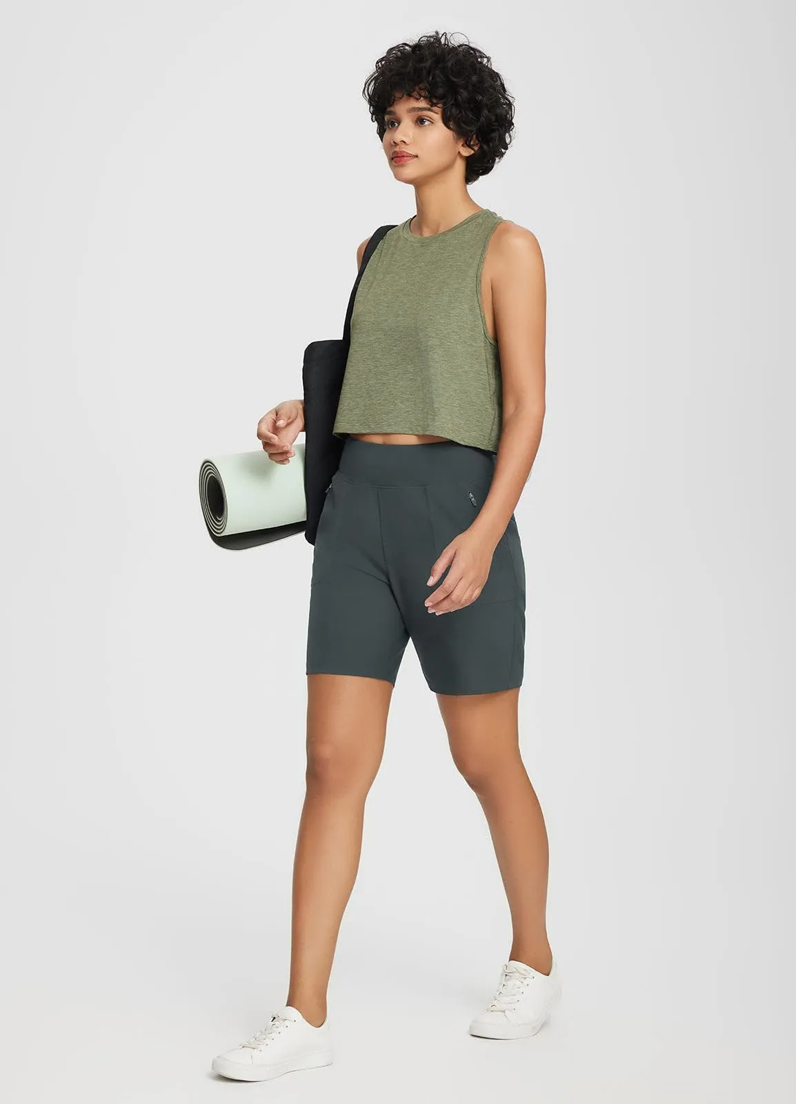 BALEAF 7'' Long Athletic Shorts for Women Running High Waisted Quick Dry Workout Bermuda Soft Zipper Pockets UPF 51 Gray XL