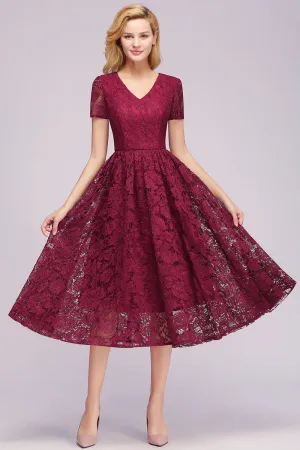 Beautiful A-Line V-Neck Short Sleeve Lace Short Bridesmaid Dresses