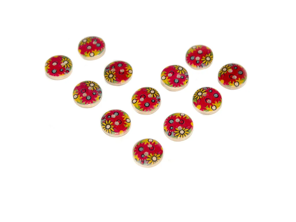 Beige Red Yellow Floral Printed 2 Hole Wooden Buttons