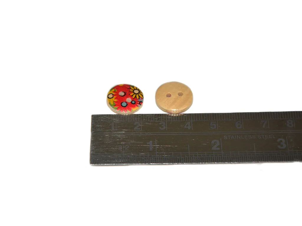 Beige Red Yellow Floral Printed 2 Hole Wooden Buttons