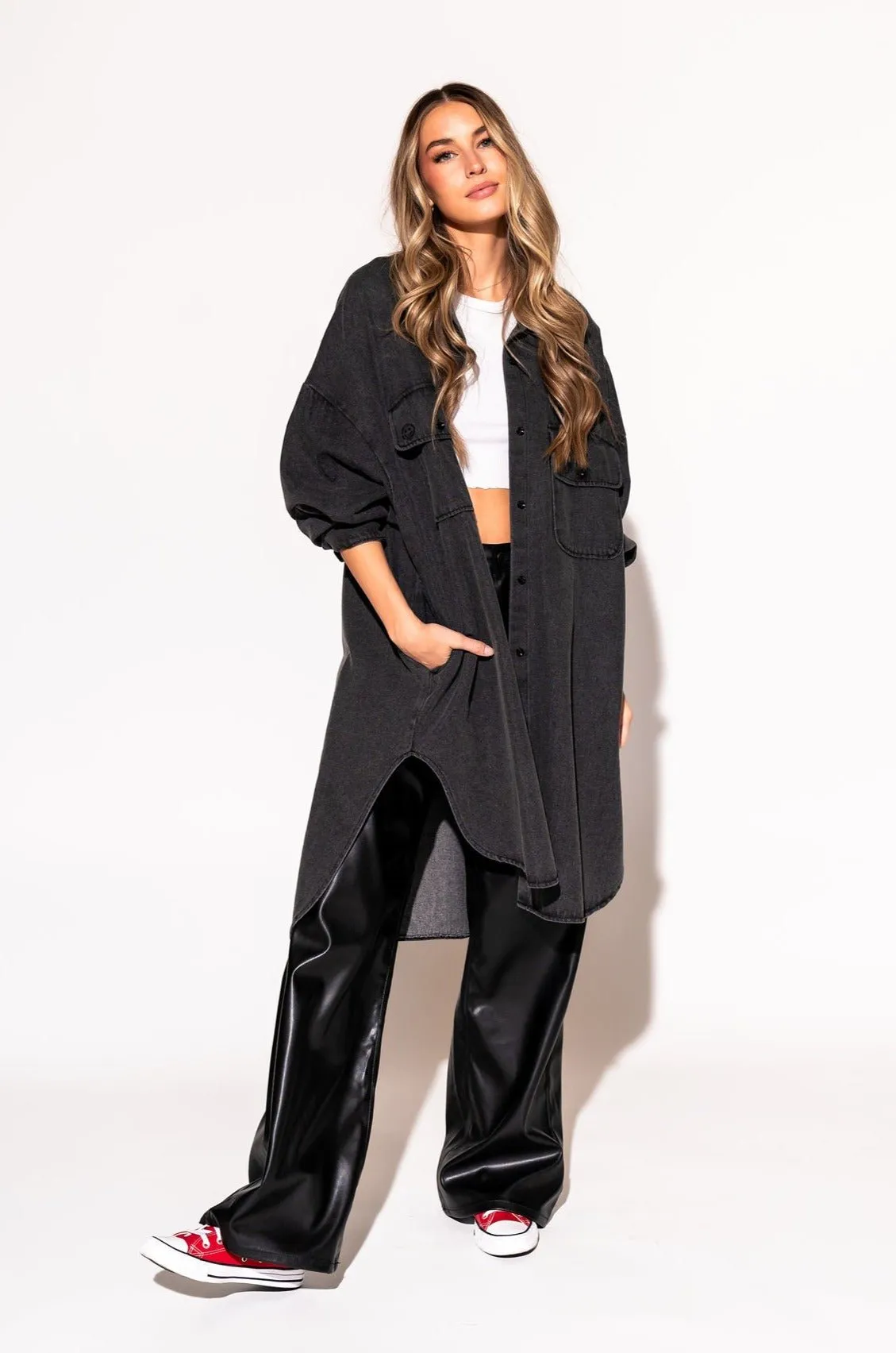 Betty Denim Grunge Shirt Jacket in Black