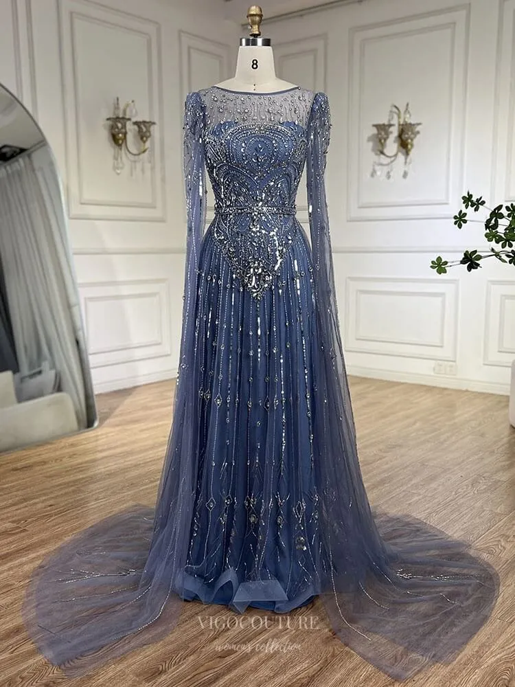 Blue Beaded Lace Extra Long Sleeve Prom Dresses Boat Neck Pageant Dress 25015