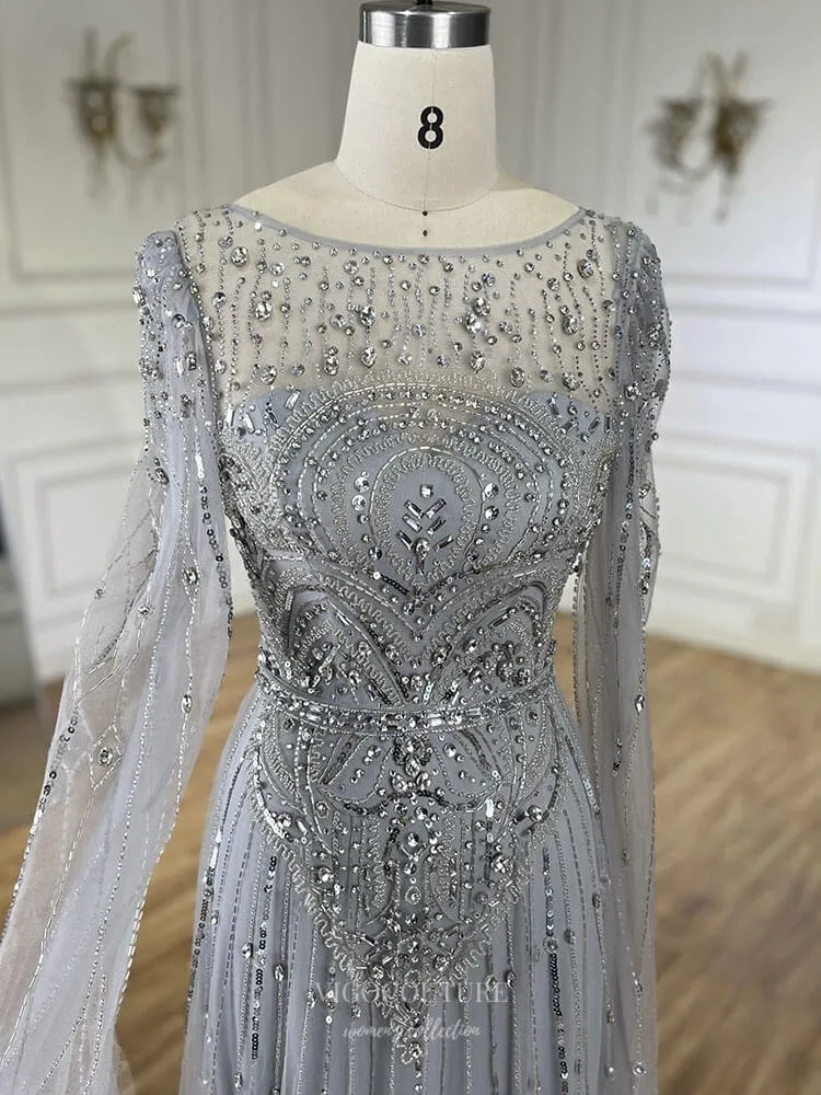 Blue Beaded Lace Extra Long Sleeve Prom Dresses Boat Neck Pageant Dress 25015
